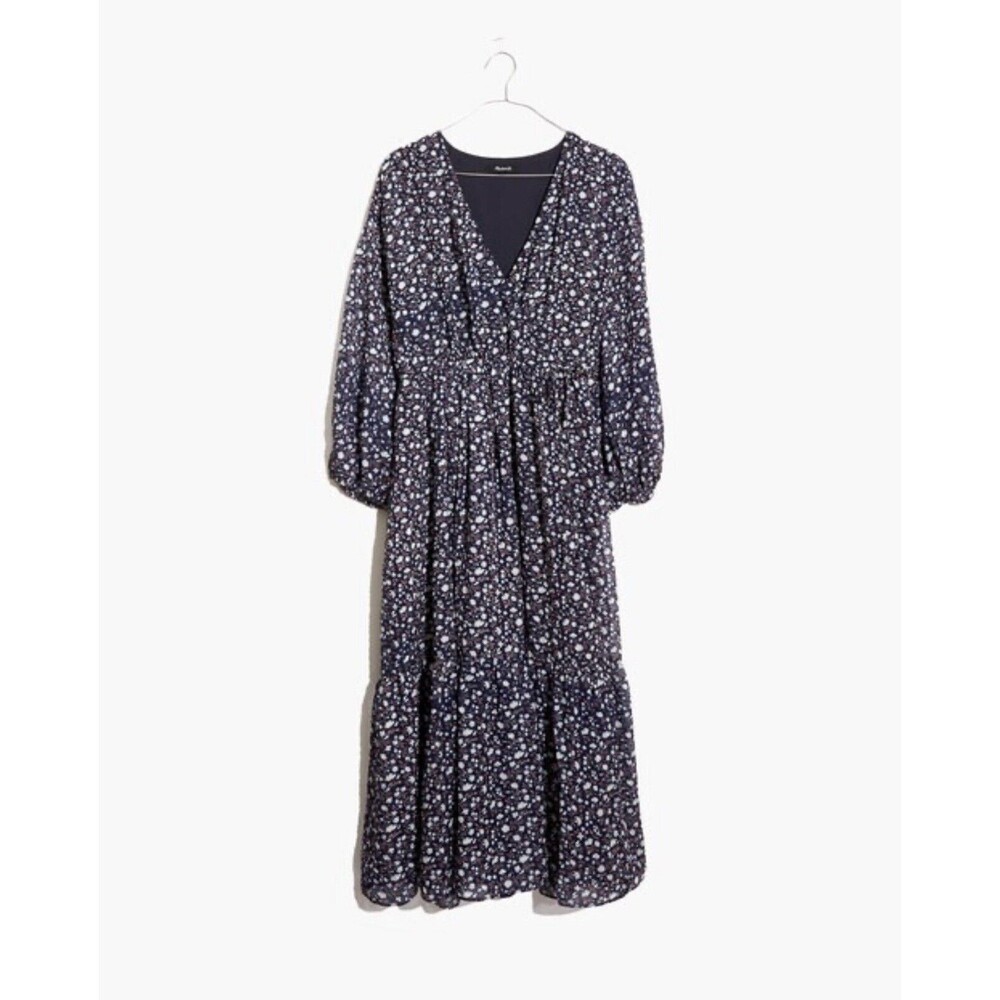 Madewell Tie-Waist Boho Midi Dress Harvest Vine Floral Sheer Puff Sleeve Sz S